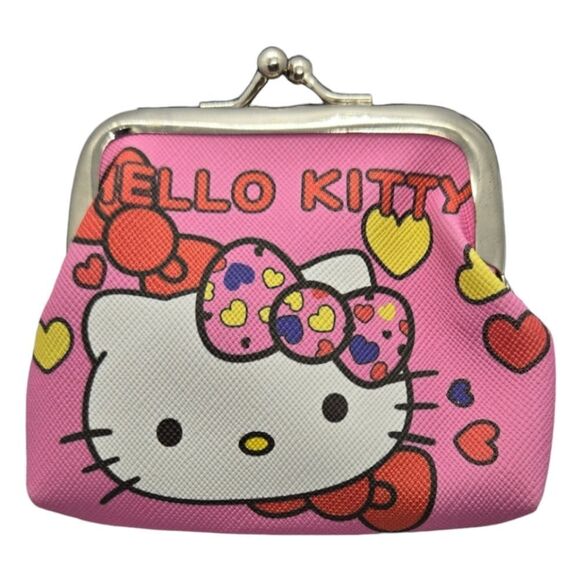 Hello Kitty Coin Pouch Mini Change Purse Pink Cartoon Cat Hearts PU Leather NWT - Picture 3 of 4